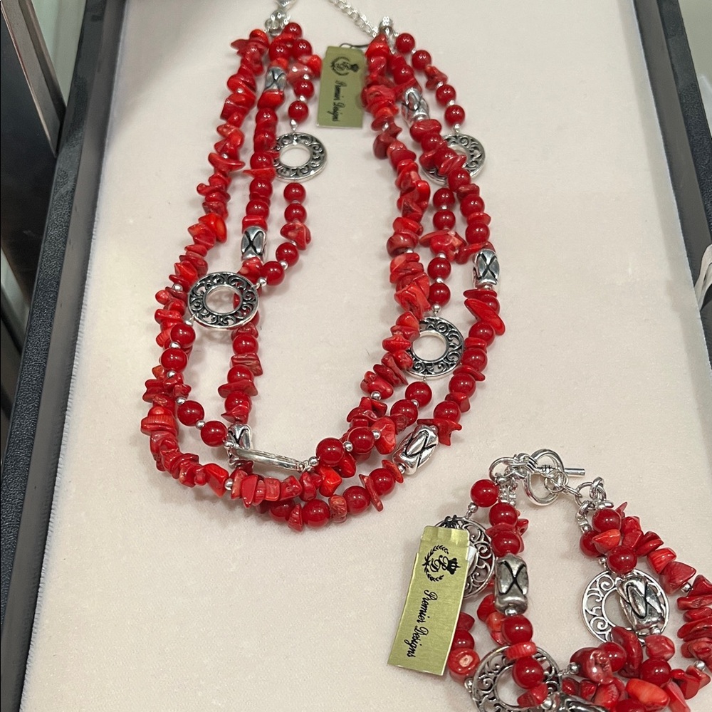 Premier Designs Red and Silver Necklace Set